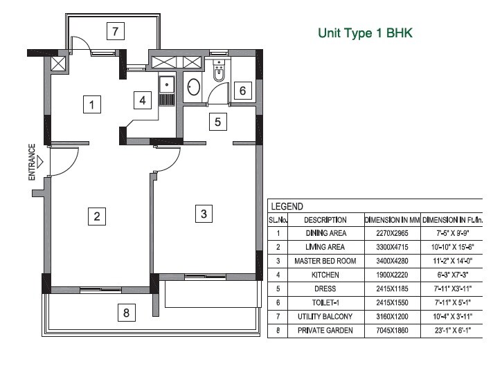 Floor plan of 1 BHK 890 Sq. Ft. Apartment in Vatika City Homes, Gurgaon