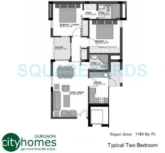 Floor plan of 2 BHK 1180 Sq. Ft. Apartment in Vatika City Homes, Gurgaon