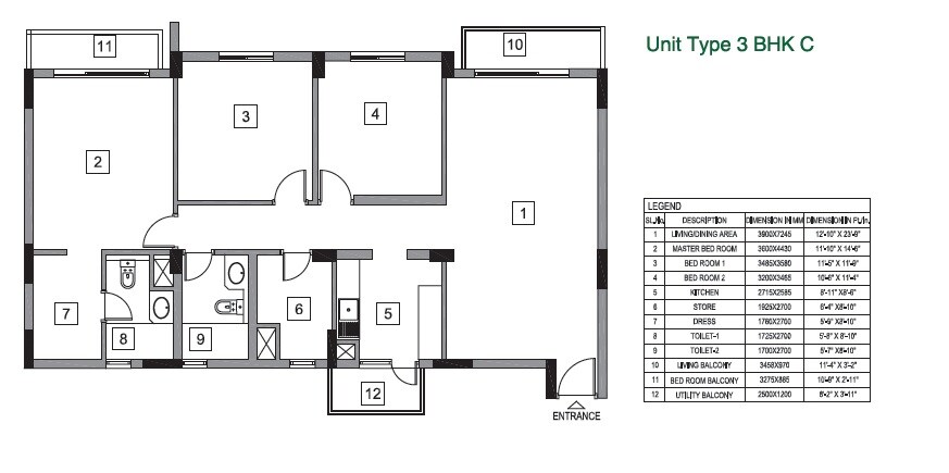 Floor plan of 3 BHK 1940 Sq. Ft. Apartment in Vatika City Homes, Gurgaon