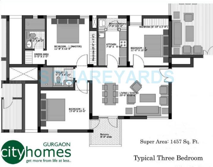 Floor plan of 3 BHK 1457 Sq. Ft. Apartment in Vatika City Homes, Gurgaon
