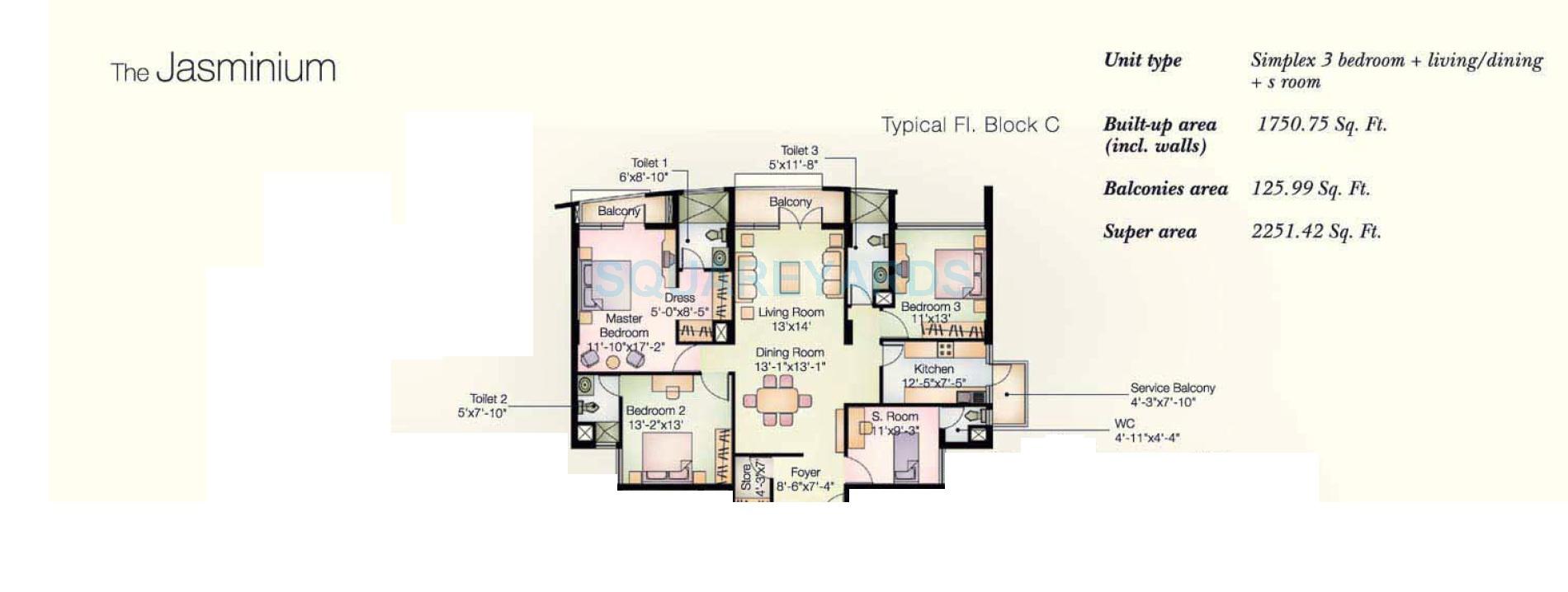 Floor plan of 3 BHK 2251 Sq. Ft. Apartment in Vatika City, Gurgaon