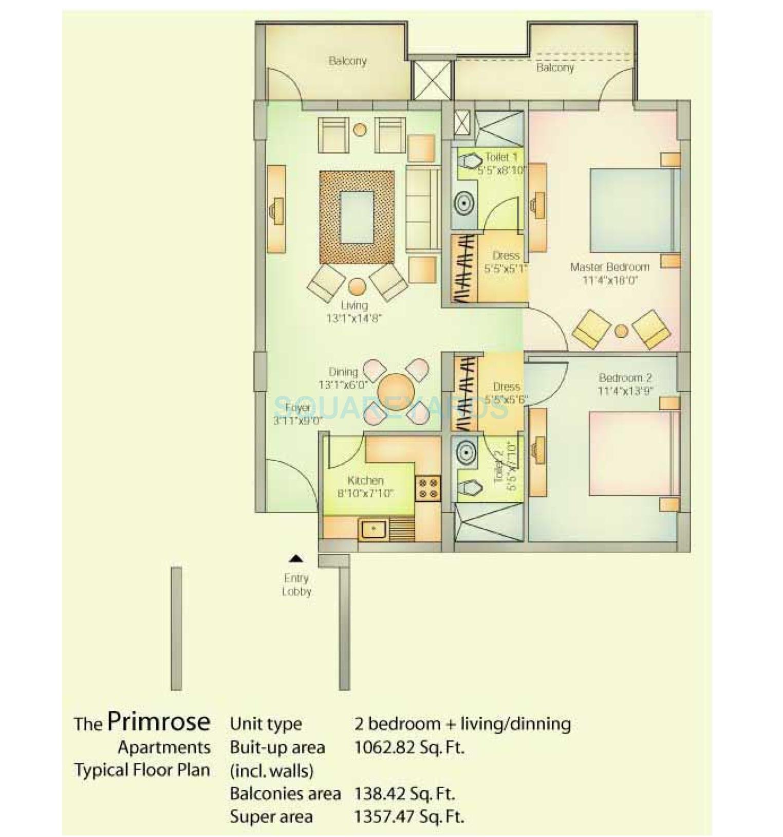Floor plan of 2 BHK 1357 Sq. Ft. Apartment in Vatika City, Gurgaon