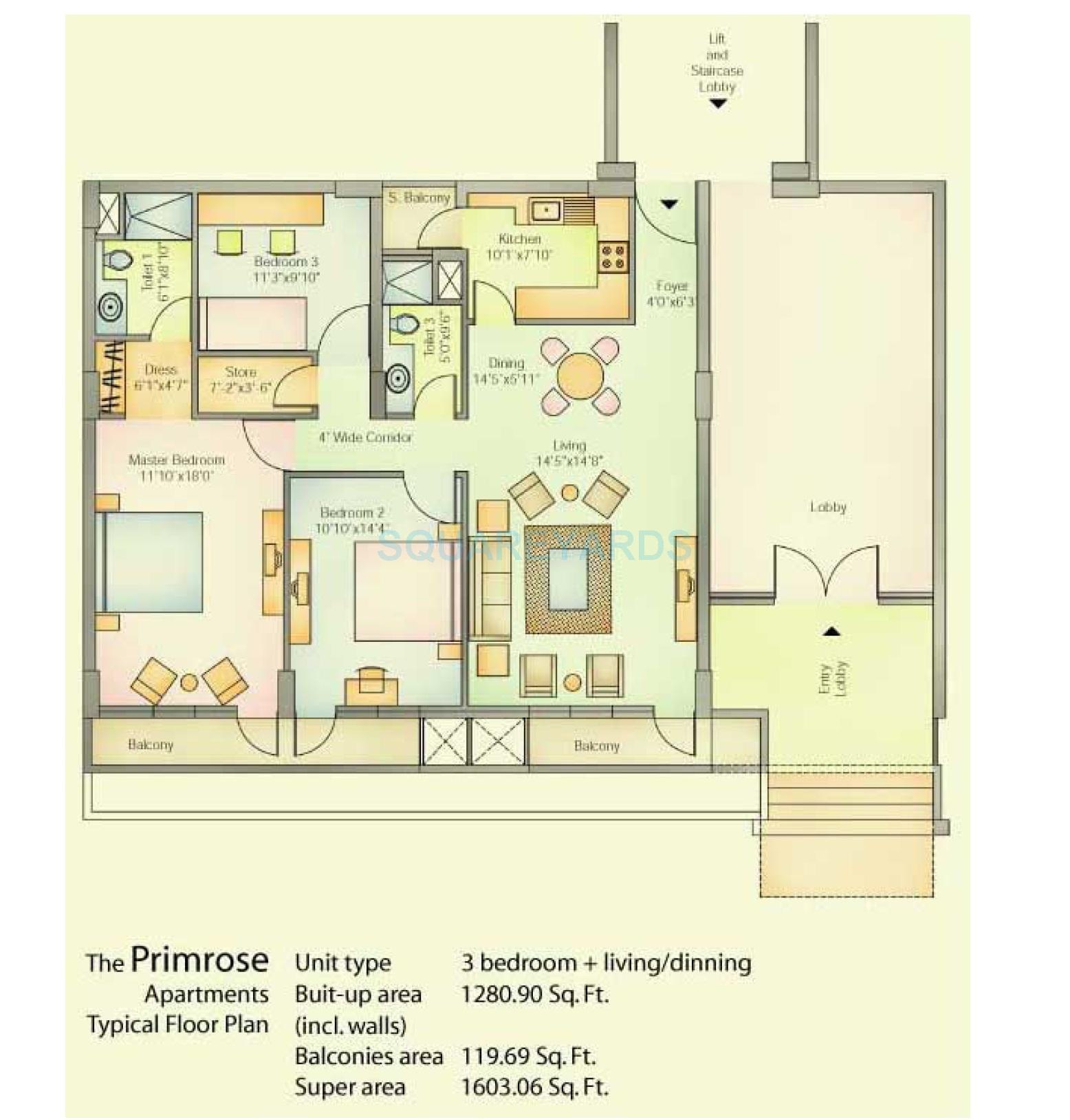 Floor plan of 3 BHK 1603 Sq. Ft. Apartment in Vatika City, Gurgaon