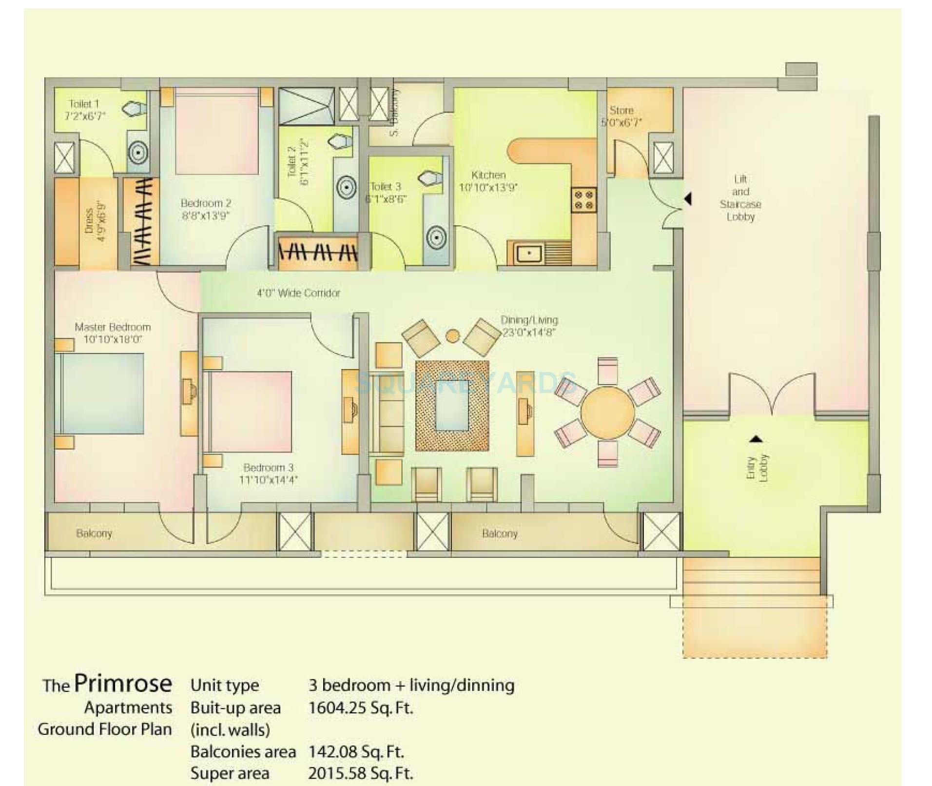 Floor plan of 3 BHK 2016 Sq. Ft. Apartment in Vatika City, Gurgaon