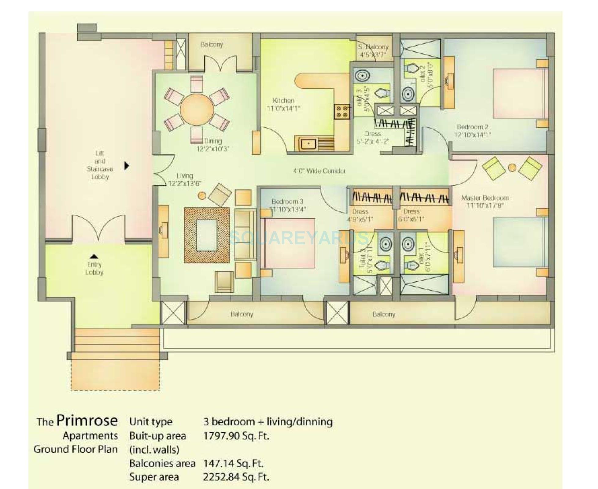 Floor plan of 3 BHK 2253 Sq. Ft. Apartment in Vatika City, Gurgaon