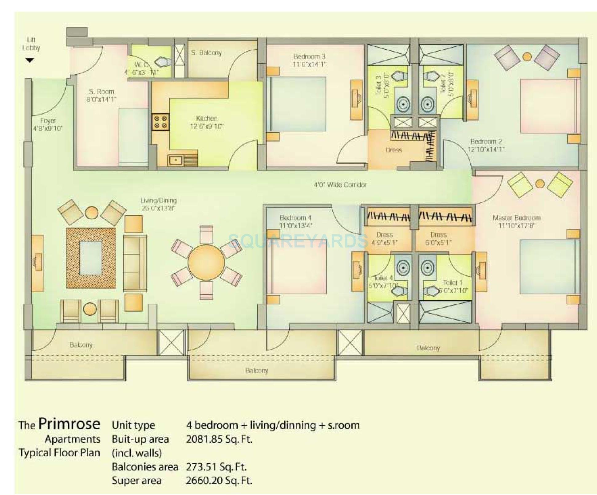 Floor plan of 4 BHK 2660 Sq. Ft. Apartment in Vatika City, Gurgaon