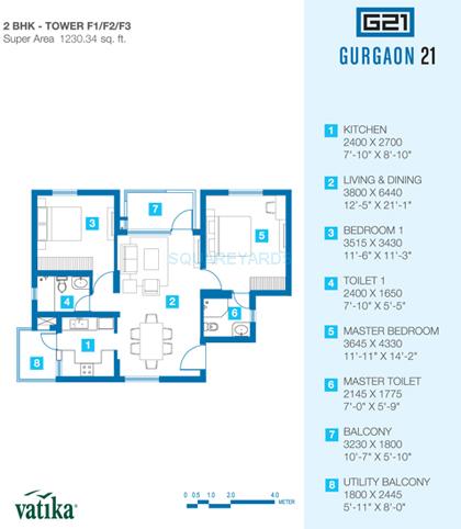 Floor plan of 2 BHK 1230 Sq. Ft. Apartment in Vatika Gurgaon 21, Gurgaon