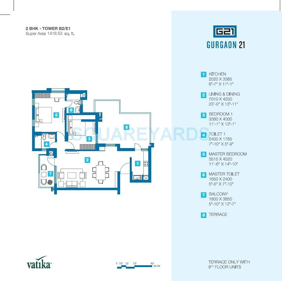 Floor plan of 2 BHK 1418 Sq. Ft. Apartment in Vatika Gurgaon 21, Gurgaon