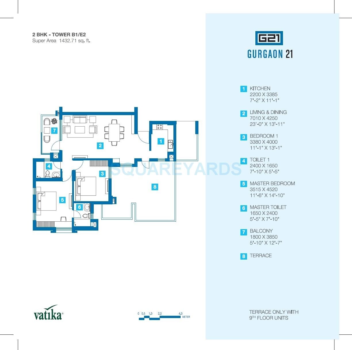 Floor plan of 2 BHK 1433 Sq. Ft. Apartment in Vatika Gurgaon 21, Gurgaon