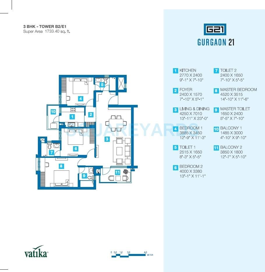 Floor plan of 3 BHK 1733 Sq. Ft. Apartment in Vatika Gurgaon 21, Gurgaon