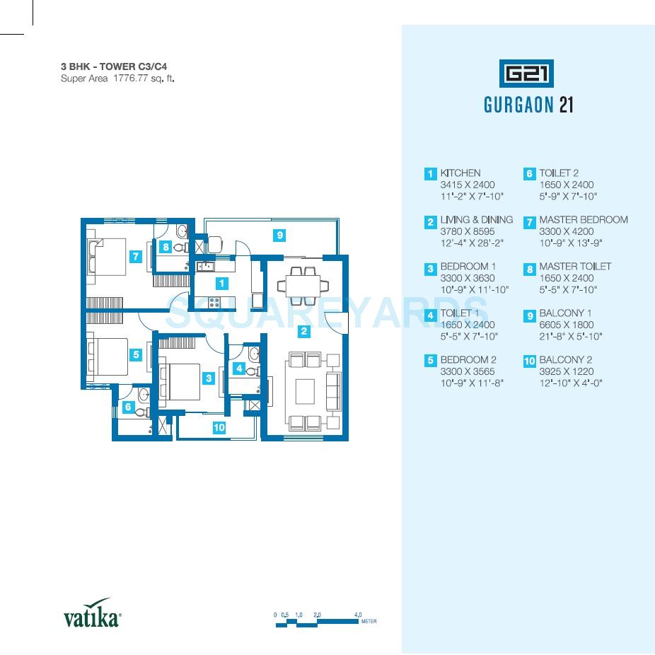 Floor plan of 3 BHK 1778 Sq. Ft. Apartment in Vatika Gurgaon 21, Gurgaon