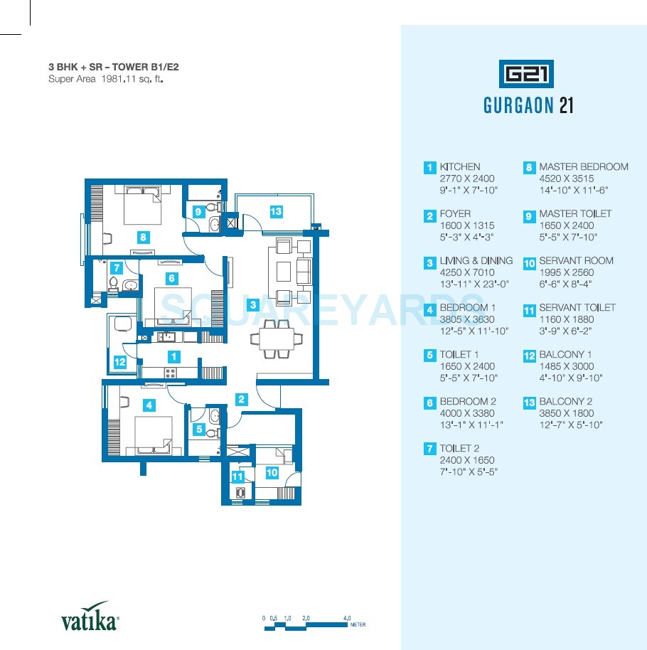 Floor plan of 3 BHK 1981 Sq. Ft. Apartment in Vatika Gurgaon 21, Gurgaon