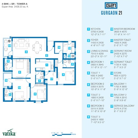 Floor plan of 4 BHK 2406 Sq. Ft. Apartment in Vatika Gurgaon 21, Gurgaon