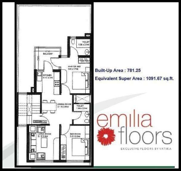 2 BHK 1092 Sq. Ft. Ind Floor in Vatika INXT Emilia floors