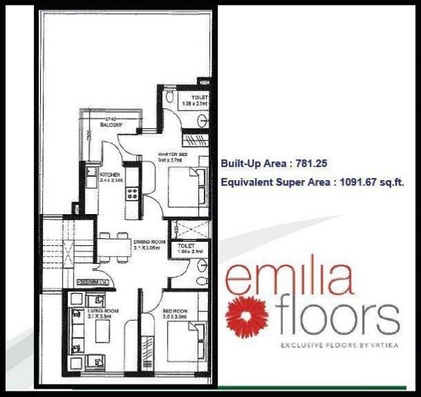 Floor plan of 2 BHK 1092 Sq. Ft. Ind Floor in Vatika INXT Emilia floors, Gurgaon