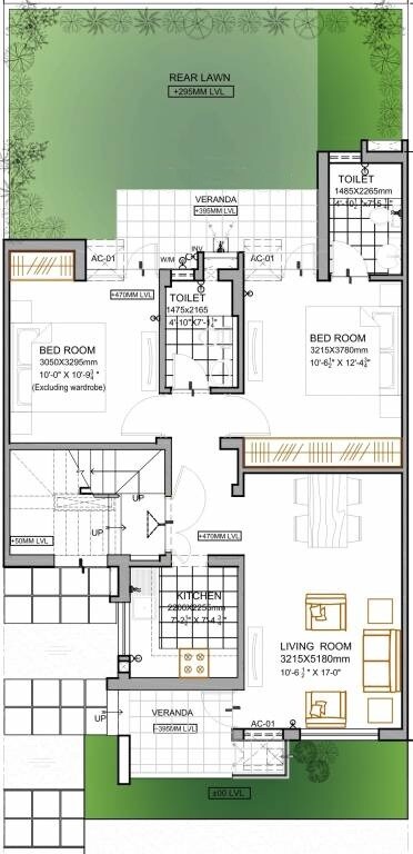 Floor plan of 2 BHK 929 Sq. Ft. Ind Floor in Vatika INXT Emilia floors, Gurgaon