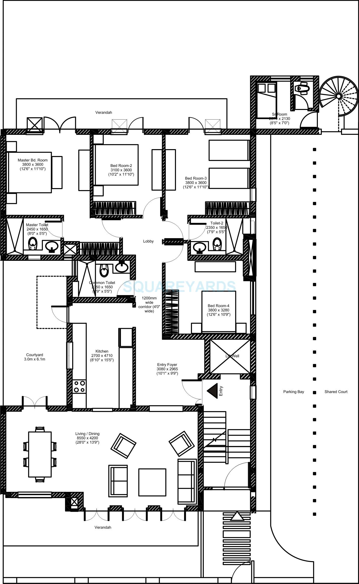 Floor plan of 4 BHK 2154 Sq. Ft. Ind Floor in Vatika INXT Floors, Gurgaon
