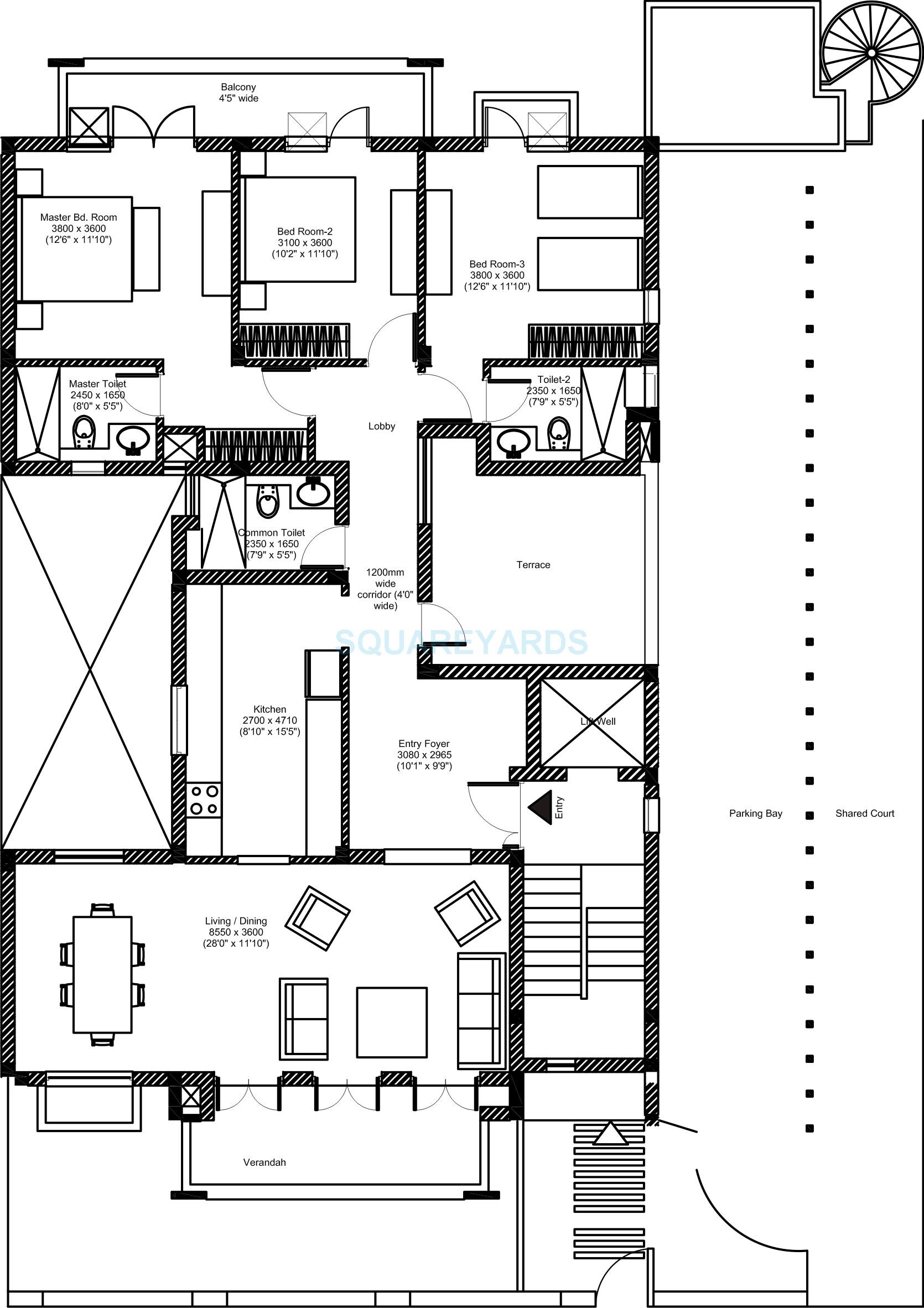 Floor plan of 3 BHK 1698 Sq. Ft. Ind Floor in Vatika INXT Floors, Gurgaon