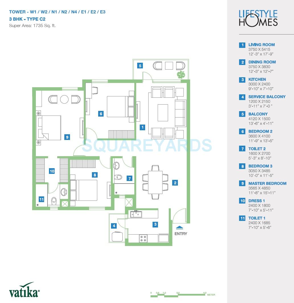 Floor plan of 3 BHK Apartment - 1735 sq. ft. in Vatika Lifestyle Homes, Gurgaon