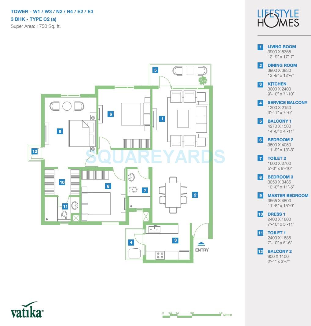 Floor plan of 3 BHK Apartment - 1750 sq. ft. in Vatika Lifestyle Homes, Gurgaon