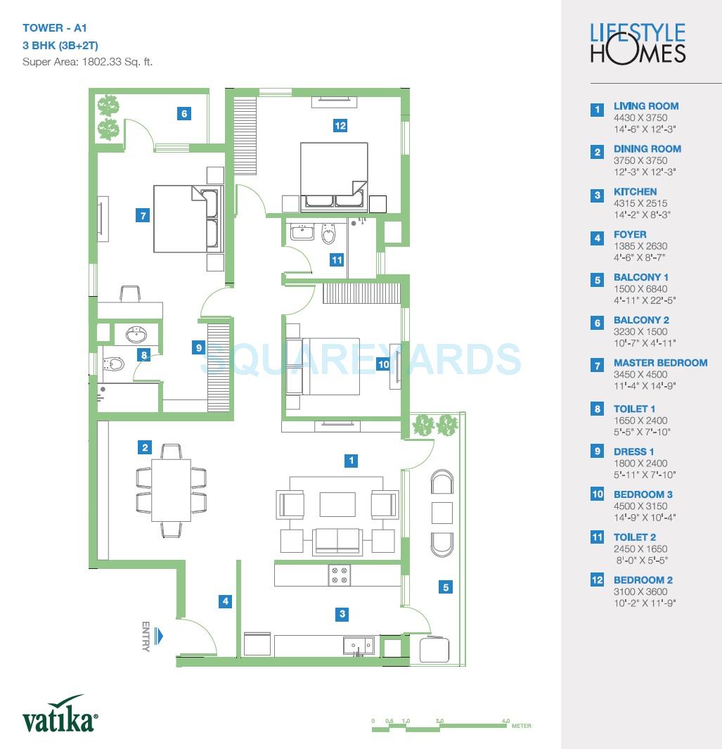Floor plan of 3 BHK Apartment - 1802 sq. ft. in Vatika Lifestyle Homes, Gurgaon