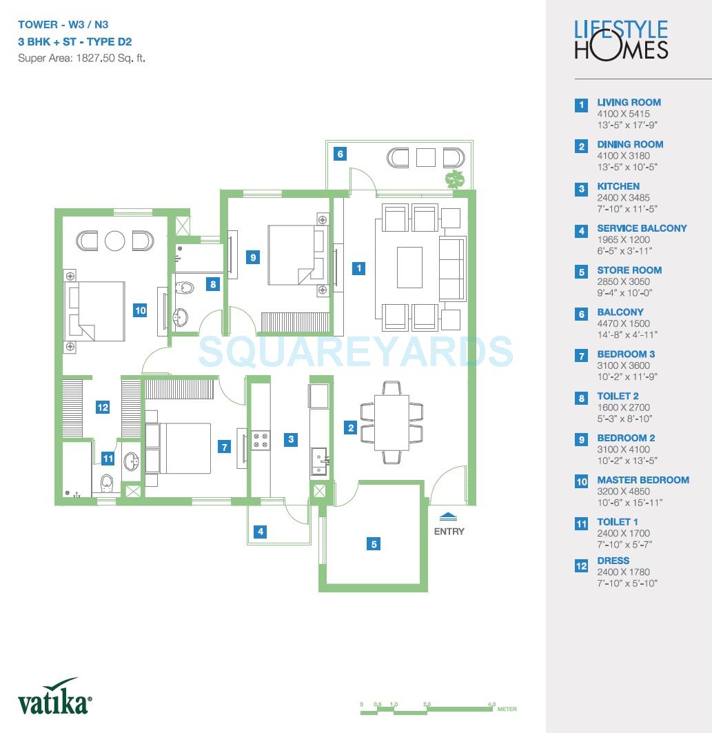 Floor plan of 3 BHK Apartment - 1828 sq. ft. in Vatika Lifestyle Homes, Gurgaon