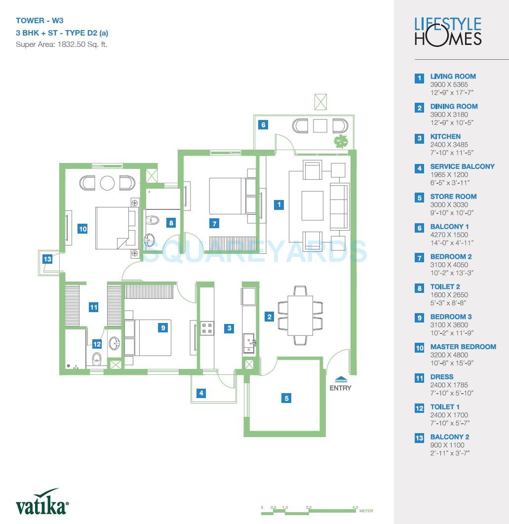 Floor plan of 3 BHK Apartment - 1832 sq. ft. in Vatika Lifestyle Homes, Gurgaon