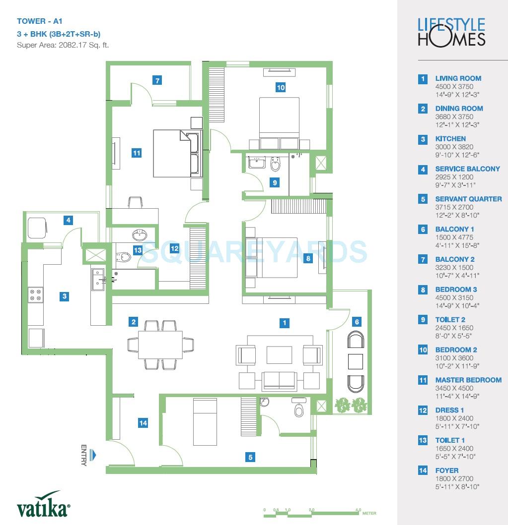 Floor plan of 3 BHK Apartment - 2082 sq. ft. in Vatika Lifestyle Homes, Gurgaon