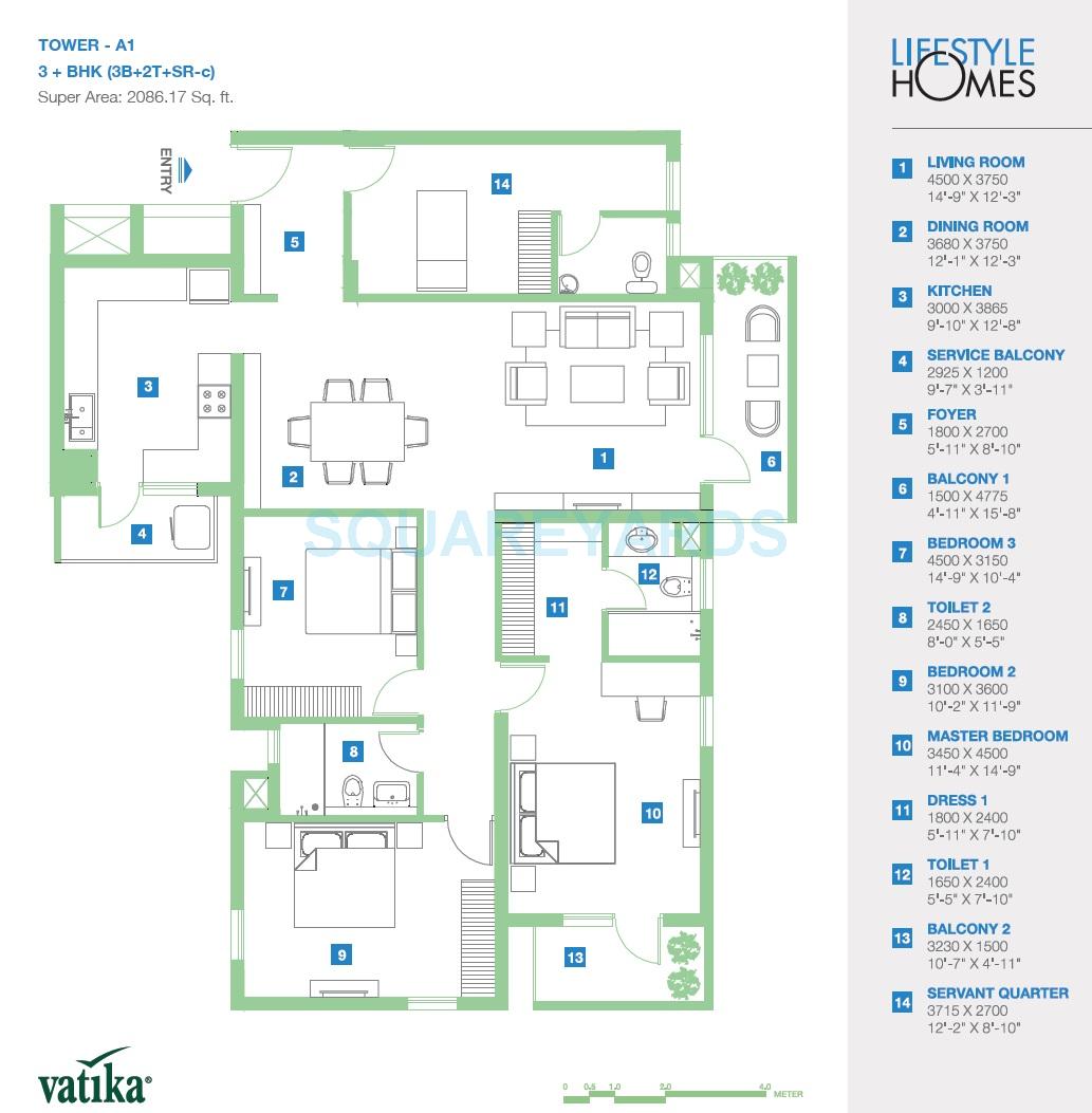 Floor plan of 3 BHK Apartment - 2086 sq. ft. in Vatika Lifestyle Homes, Gurgaon