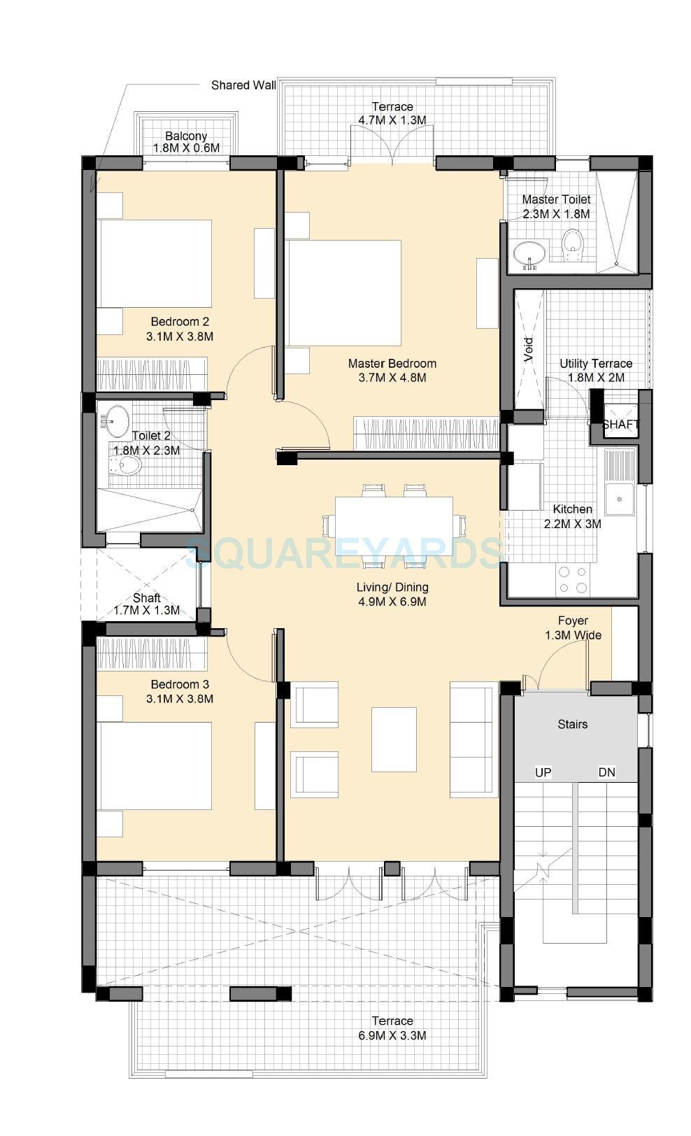 Floor plan of 3 BHK 1365 Sq. Ft. Ind Floor in Vatika Premium Floors, Gurgaon