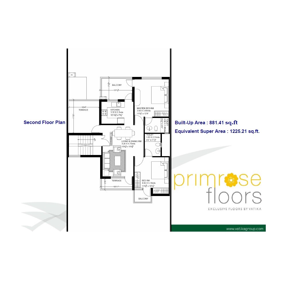 Floor plan of 2 BHK 1225 Sq. Ft. Ind Floor in Vatika Primrose Floors, Gurgaon
