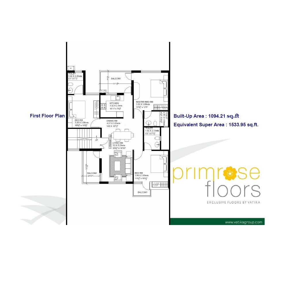 Floor plan of 3 BHK 1534 Sq. Ft. Ind Floor in Vatika Primrose Floors, Gurgaon