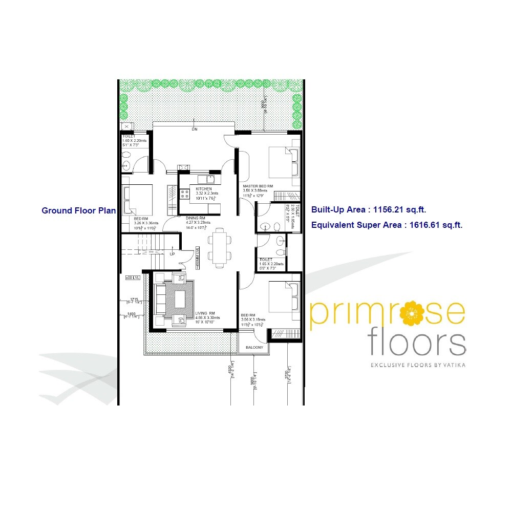 Floor plan of 3 BHK 1617 Sq. Ft. Ind Floor in Vatika Primrose Floors, Gurgaon