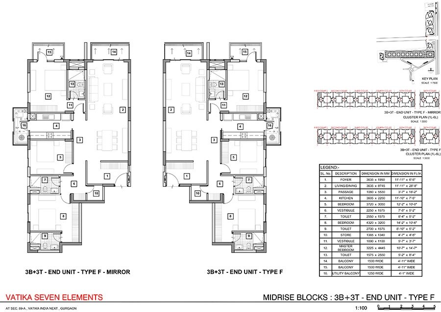 Floor plan of 3 BHK 1920 Sq. Ft. Apartment in Vatika Seven Elements, Gurgaon