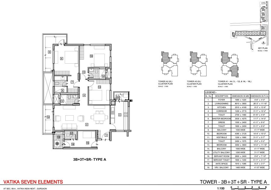 Floor plan of 3 BHK 2090 Sq. Ft. Apartment in Vatika Seven Elements, Gurgaon