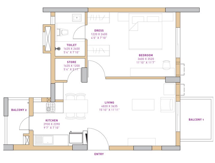 Floor plan of 1 BHK 910 Sq. Ft. Apartment in Vatika Seven Lamps, Gurgaon