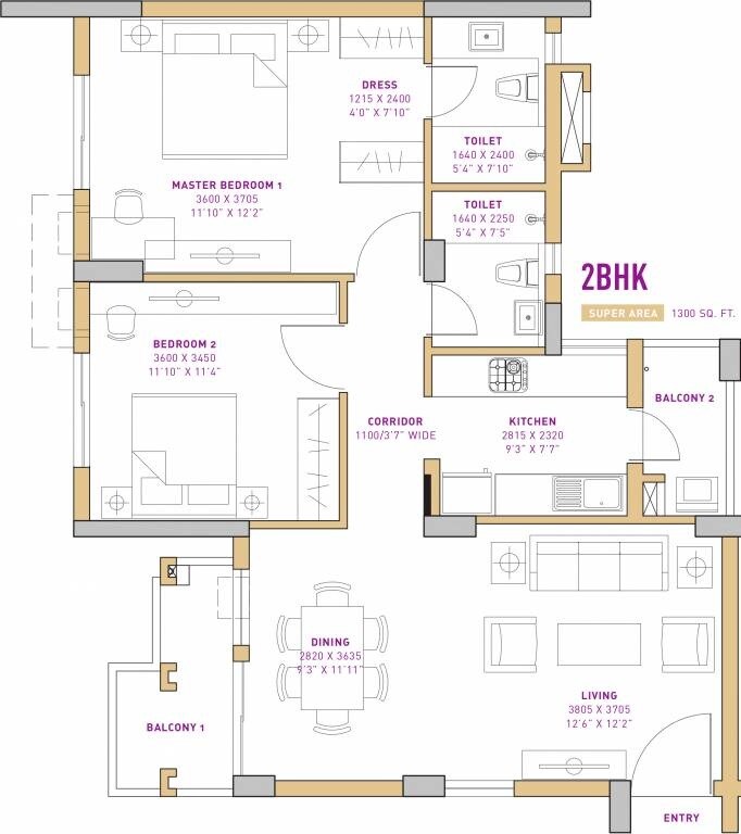 Floor plan of 2 BHK 1300 Sq. Ft. Apartment in Vatika Seven Lamps, Gurgaon
