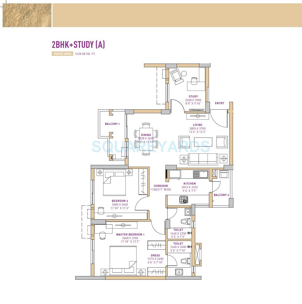Floor plan of 2 BHK 1428 Sq. Ft. Apartment in Vatika Seven Lamps, Gurgaon