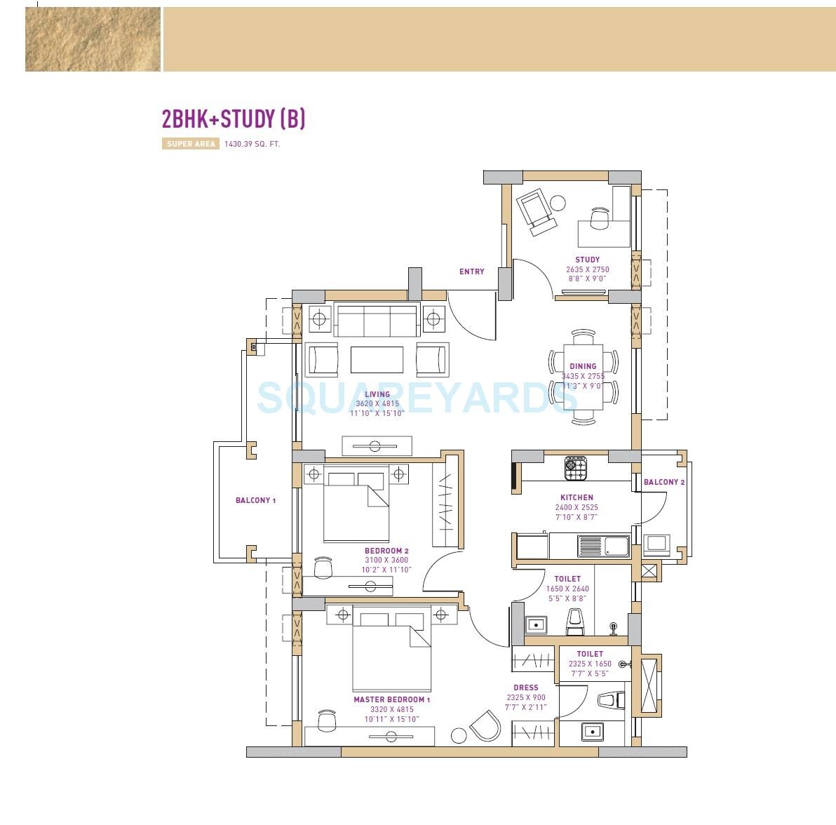 Floor plan of 2 BHK 1430 Sq. Ft. Apartment in Vatika Seven Lamps, Gurgaon