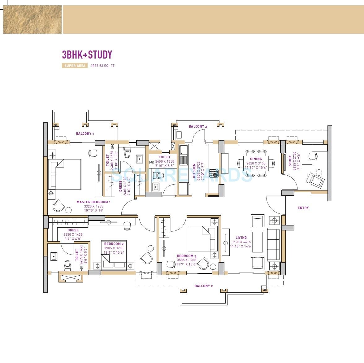 Floor plan of 3 BHK 1877 Sq. Ft. Apartment in Vatika Seven Lamps, Gurgaon