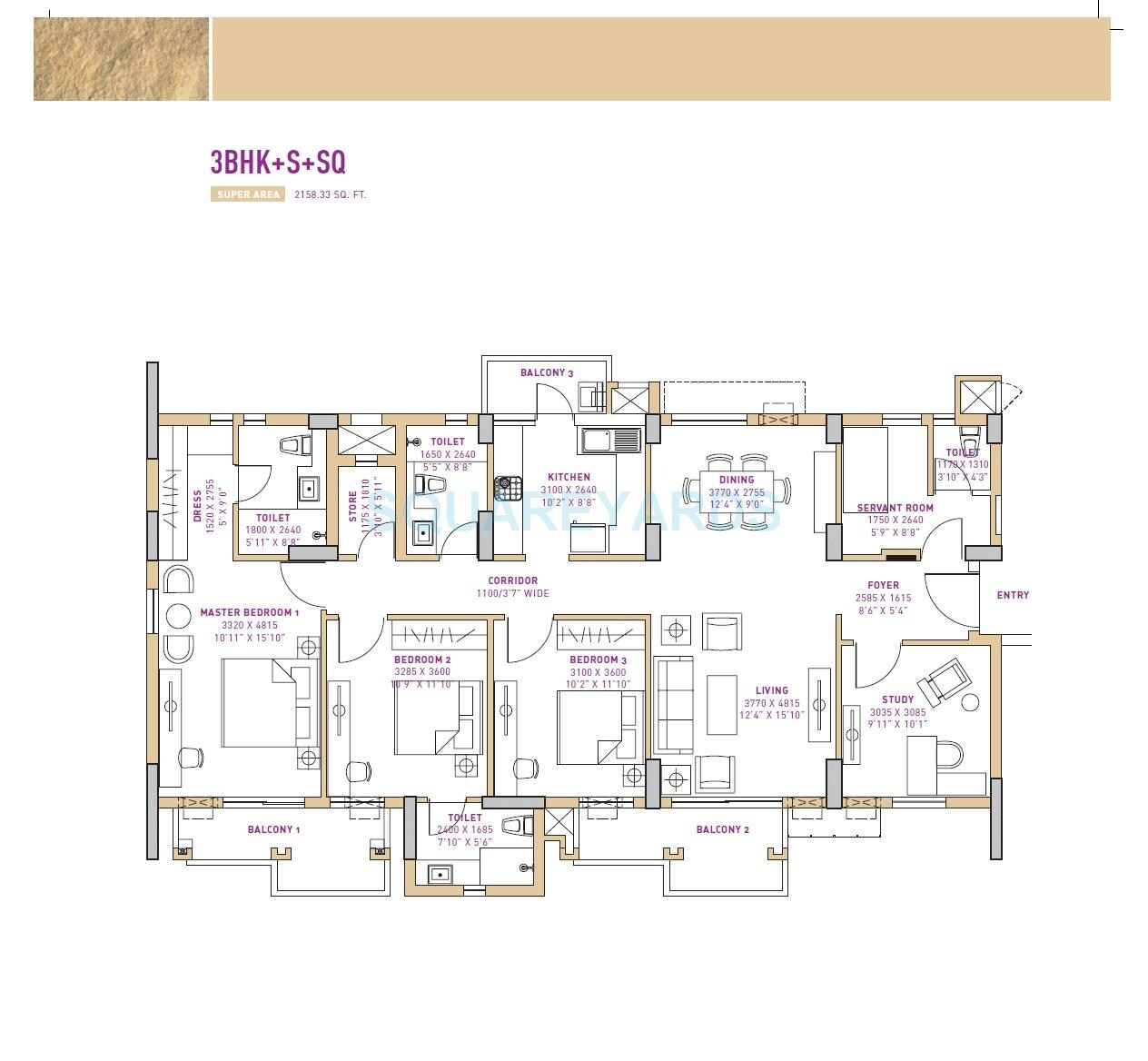 Floor plan of 3 BHK 2158 Sq. Ft. Apartment in Vatika Seven Lamps, Gurgaon