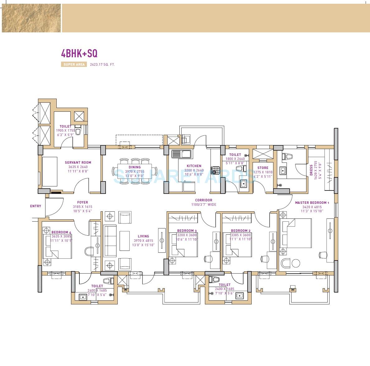 Floor plan of 4 BHK 2423 Sq. Ft. Apartment in Vatika Seven Lamps, Gurgaon