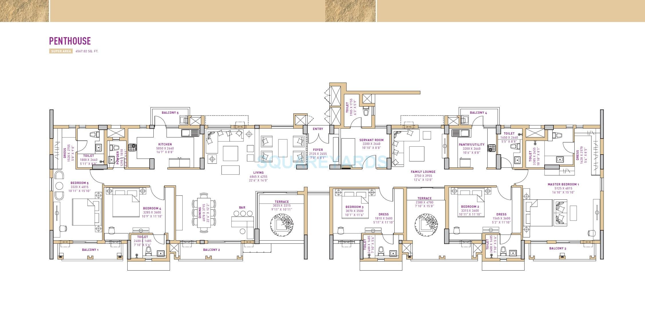 Floor plan of 5 BHK 4567 Sq. Ft. Penthouse in Vatika Seven Lamps, Gurgaon