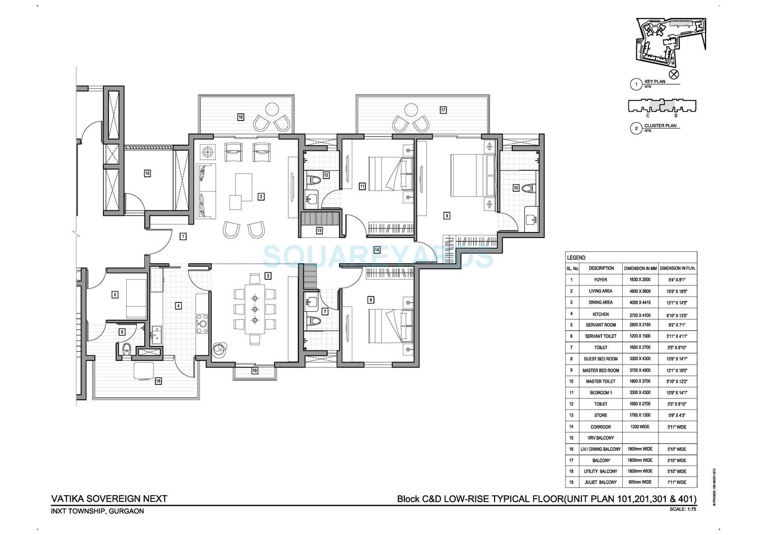 Floor plan of 3 BHK 2600 Sq. Ft. Apartment in Vatika Sovereign Next, Gurgaon