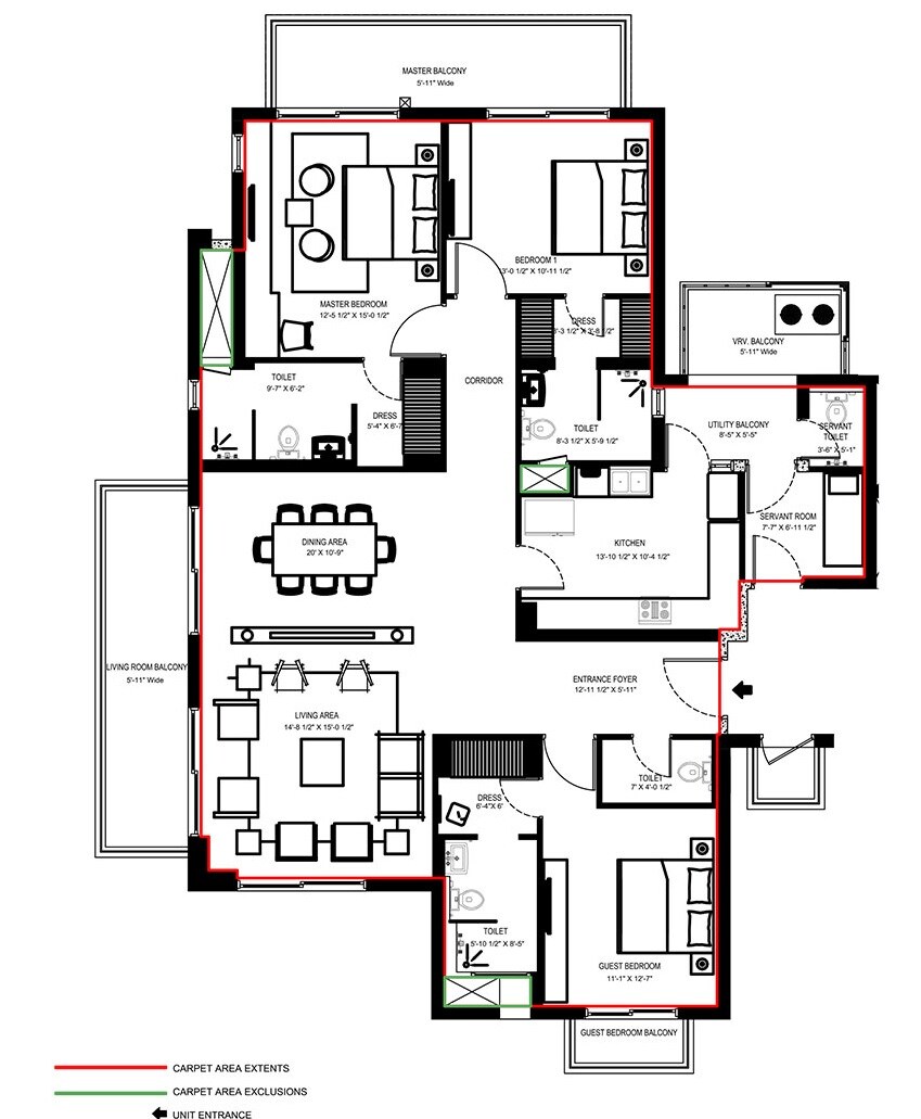 Floor plan of 3 BHK 2550 Sq. Ft. Apartment in Vatika Sovereign Park, Gurgaon