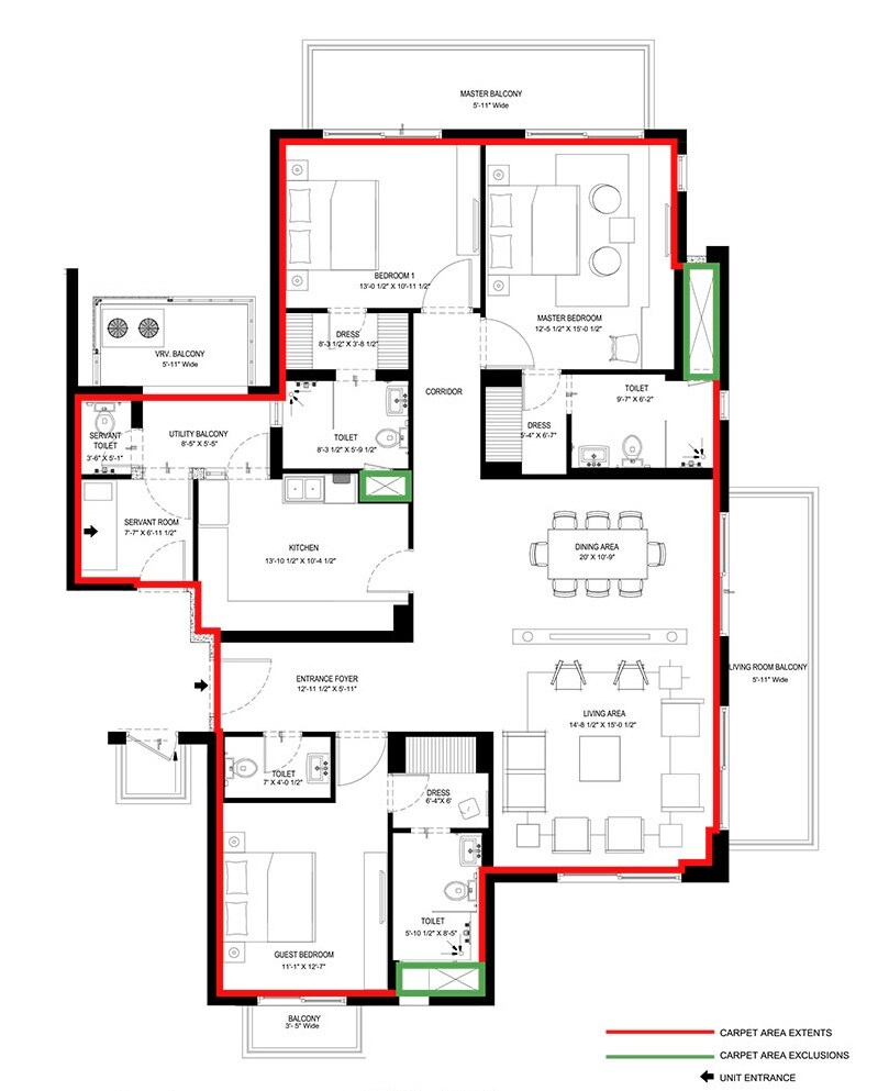 Floor plan of 3 BHK 2635 Sq. Ft. Apartment in Vatika Sovereign Park, Gurgaon