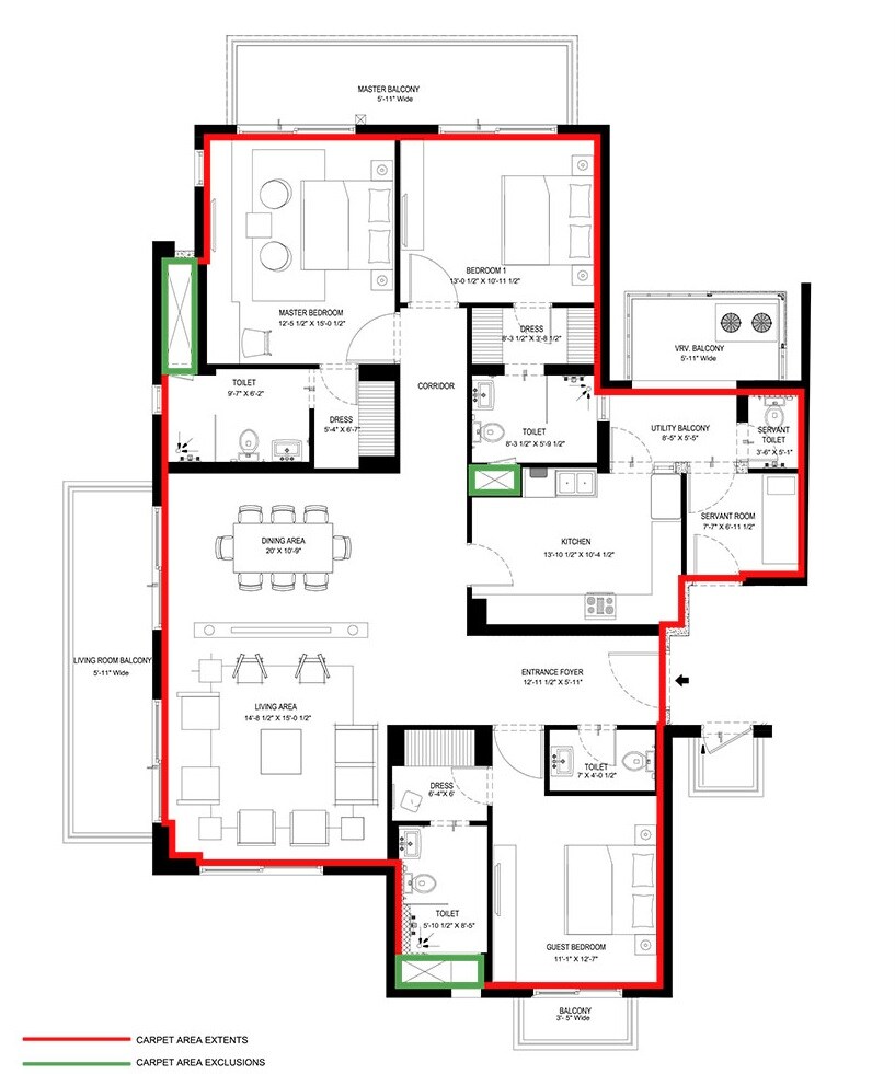 Floor plan of 3 BHK 2660 Sq. Ft. Apartment in Vatika Sovereign Park, Gurgaon