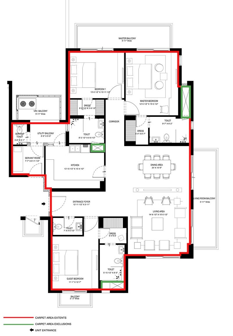 Floor plan of 3 BHK 2985 Sq. Ft. Apartment in Vatika Sovereign Park, Gurgaon