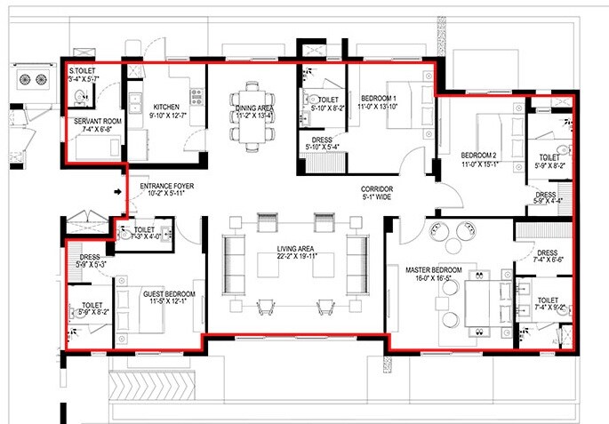 Floor plan of 4 BHK 3345 Sq. Ft. Apartment in Vatika Sovereign Park, Gurgaon
