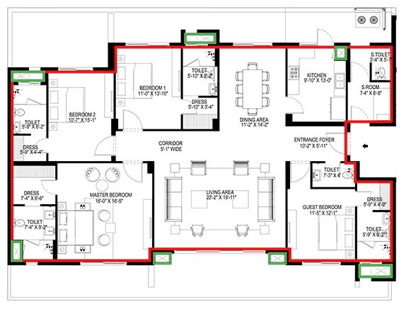 Floor plan of 4 BHK 3360 Sq. Ft. Apartment in Vatika Sovereign Park, Gurgaon